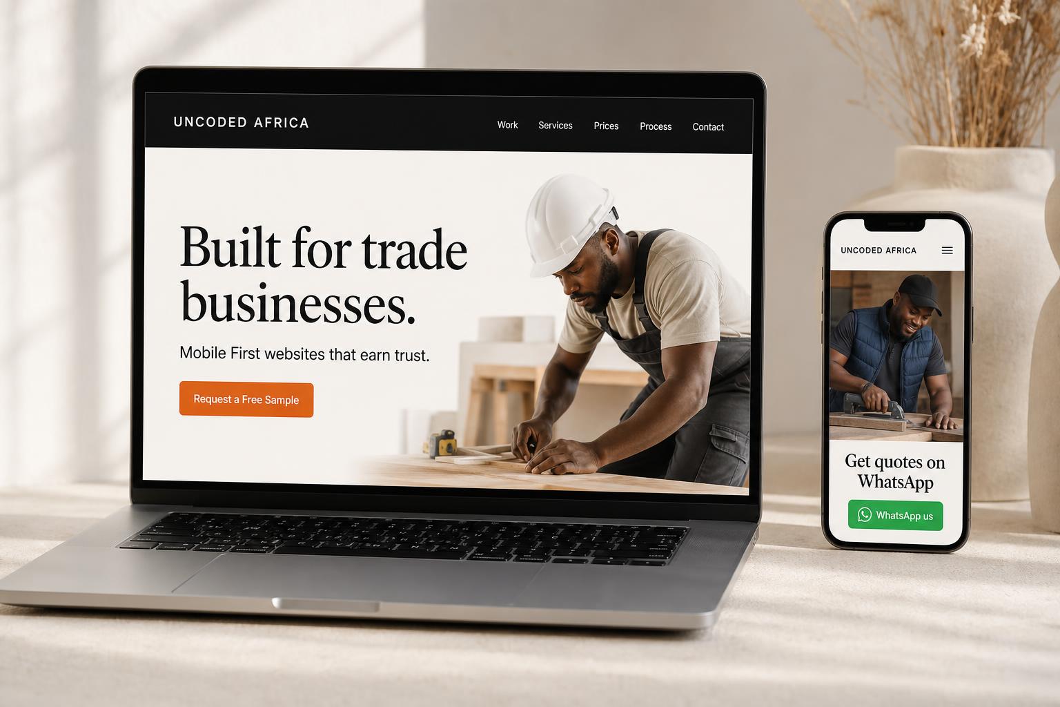 Laptop and phone showing an Uncoded Africa trade business website